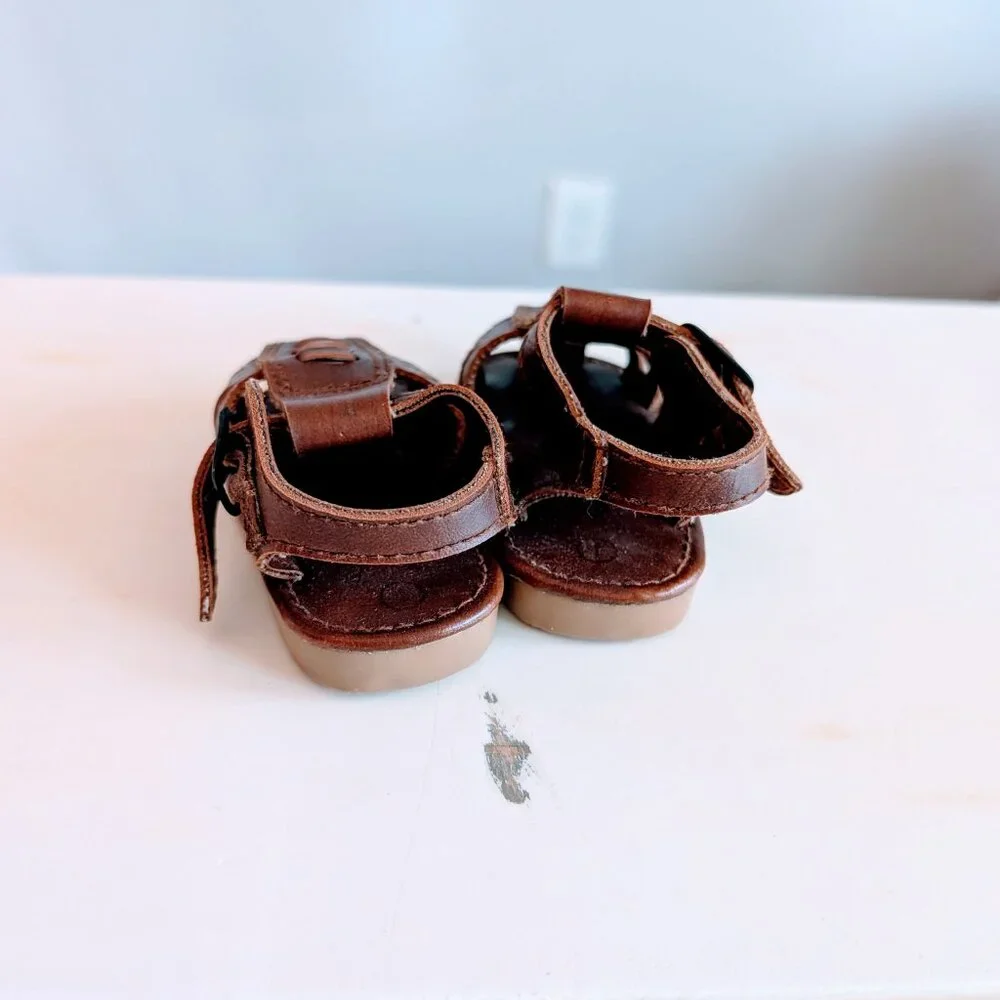 VTG Newborn Superoos Brown Leather Sandals Sz 1 Fisherman Baby Shoes Closed-Toe